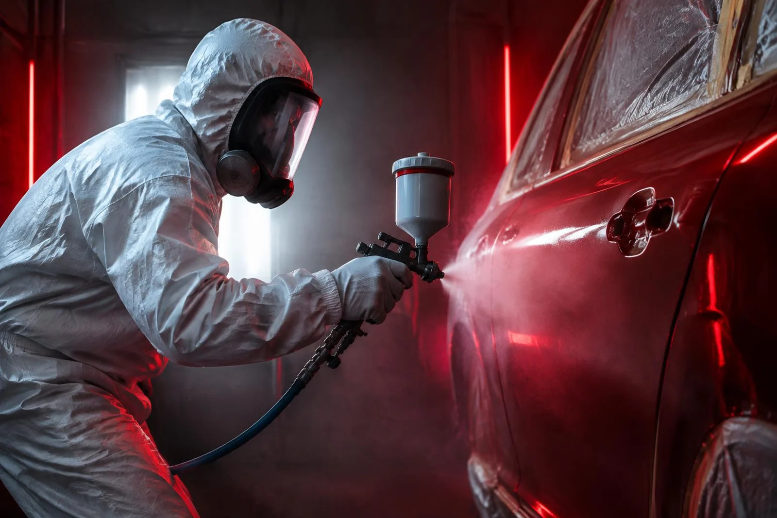 Protected painter spraying a door panel