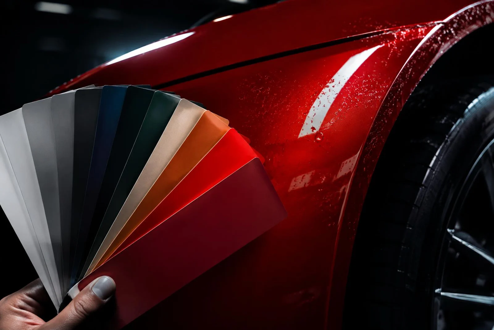Paint color swatches against a red fender