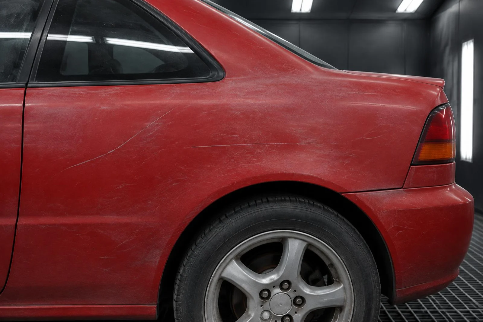 Illustrative dull scratched red quarter panel before refinishing