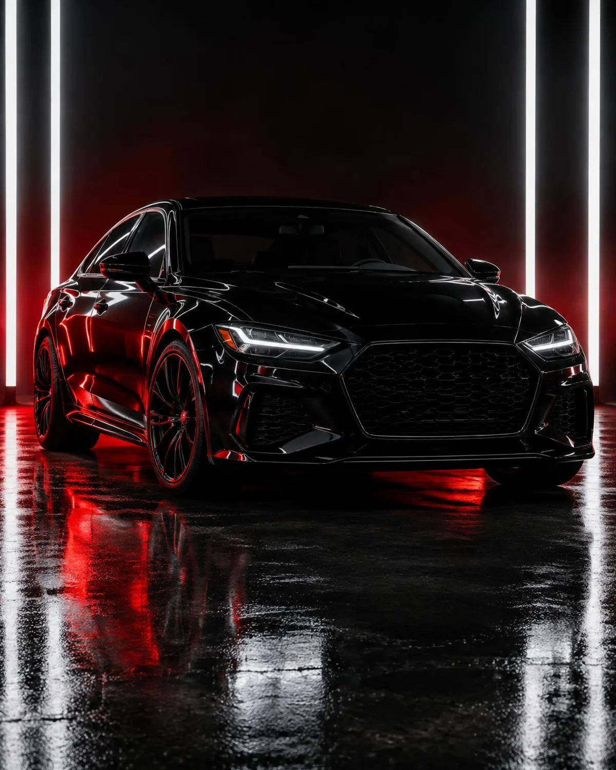 Illustrative glossy black car in a studio
