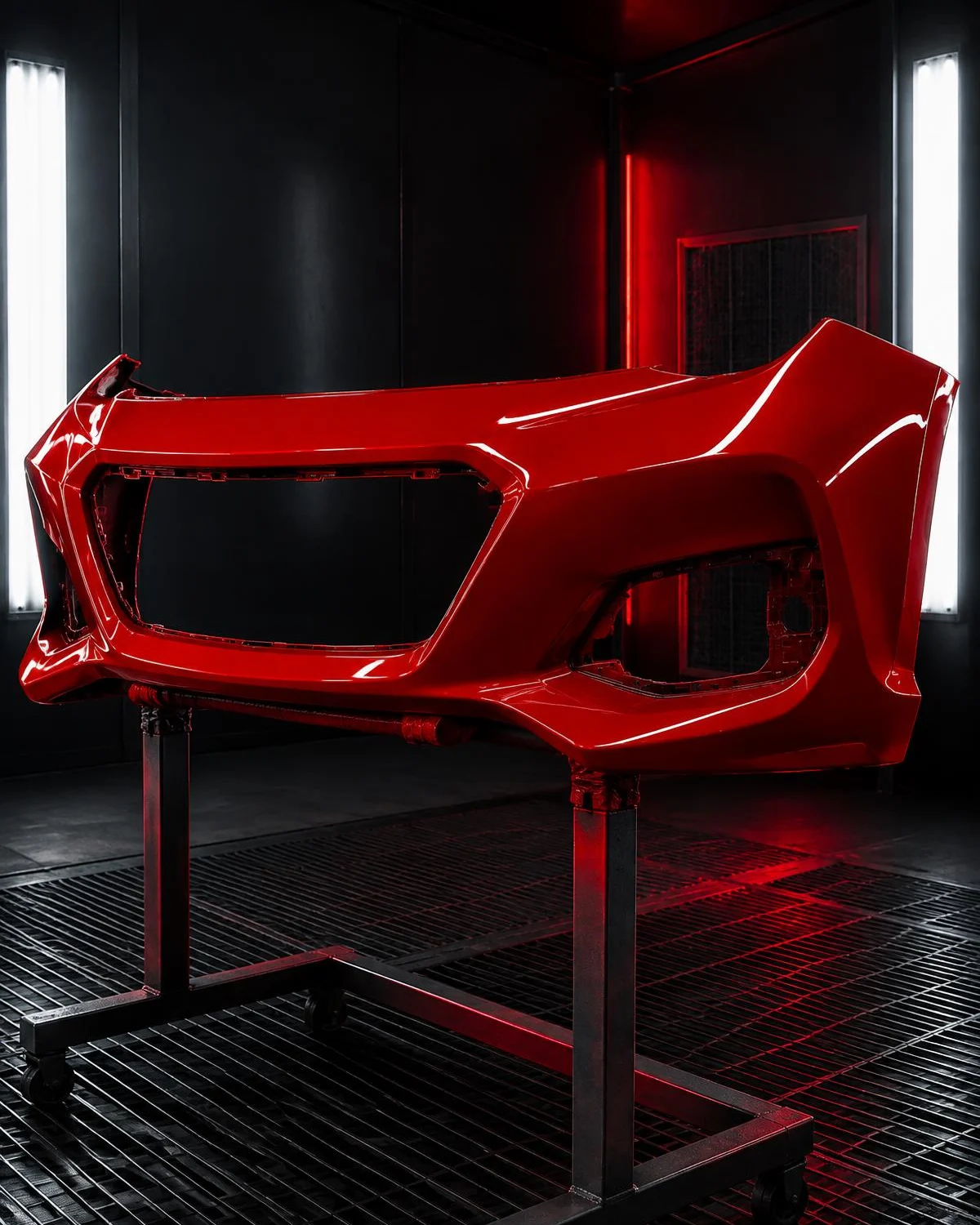 Illustrative red bumper in a paint booth