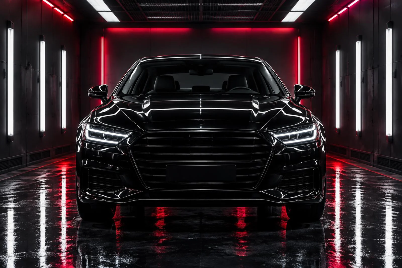 Glossy black sedan inside an illuminated paint booth