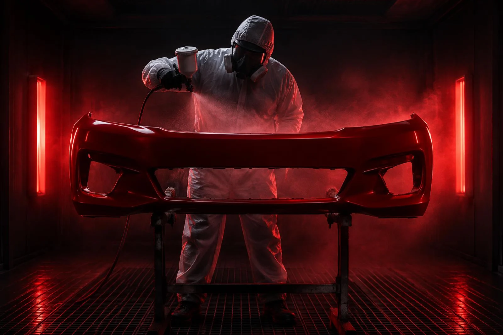 Protected painter spraying a red bumper on a stand