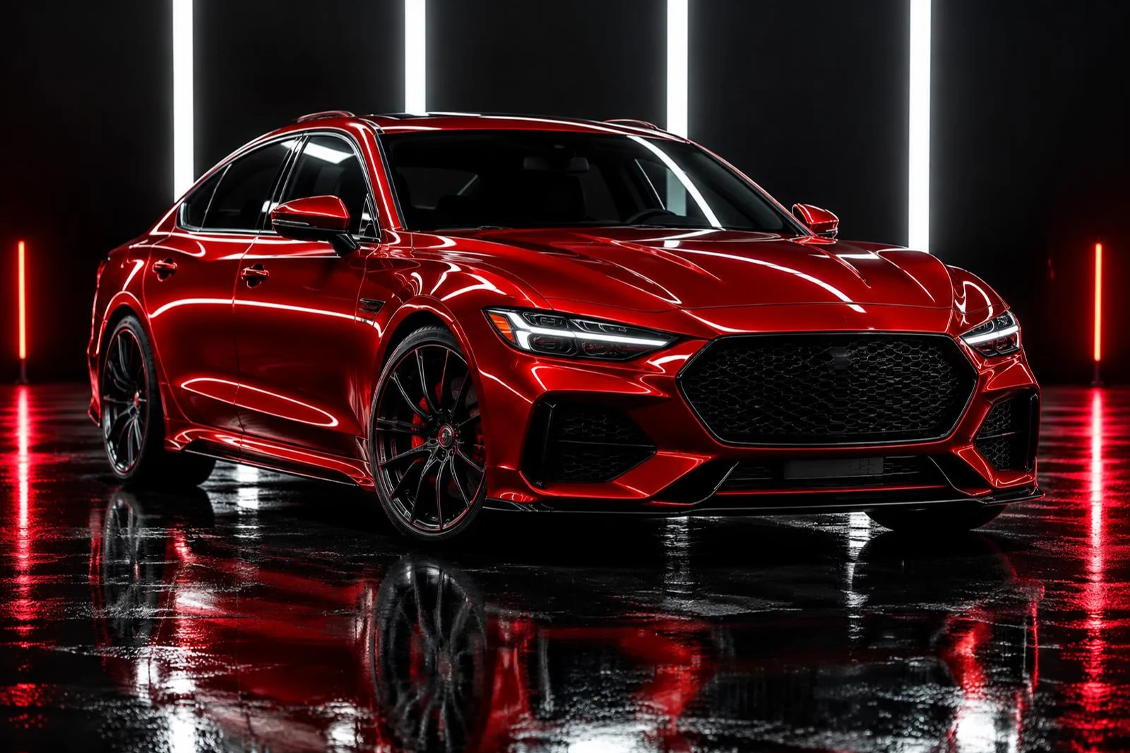 Deep candy red sedan under studio strip lights