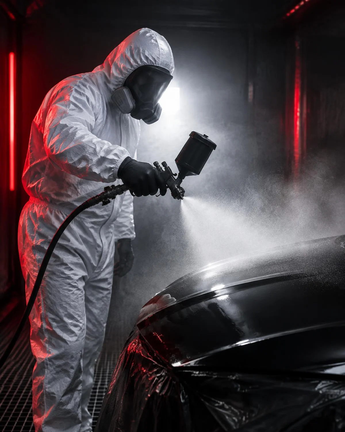 Painter in full protective suit spraying a hood